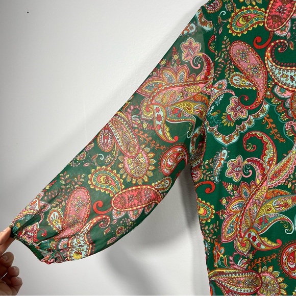 Pink Green Paisley Blouse Sz Small Stacy Frati Sweet Pea Chic Top Sash Tie Neck - Picture 4 of 9